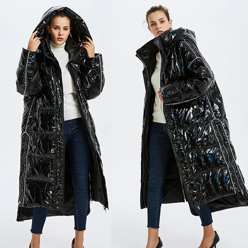 Koop Glossy patent stof down jassen Winter Luxe kwaliteit glossy down jas vrouwelijke hooded kraag oversize dikker warm down jassen