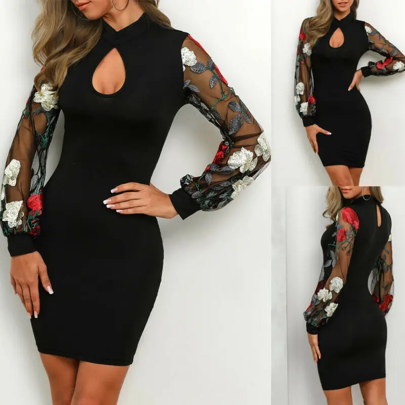 

Sexy Women Long Sleeve Embroidered Dress Floral Fishnet Mesh Hollow Bodycon Party Dress Clubwear Fashion Hot 2019 Plus S-XXL