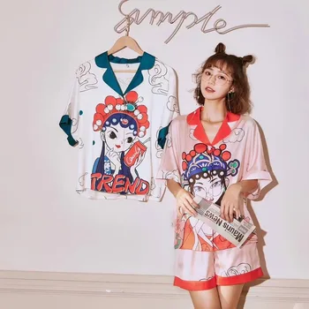 

Silk Pajamas for Women Pyjama Satin Fashionable Chinese Style Pajamas with Peking Opera Mask Pattern Home Suit Pijama Verano