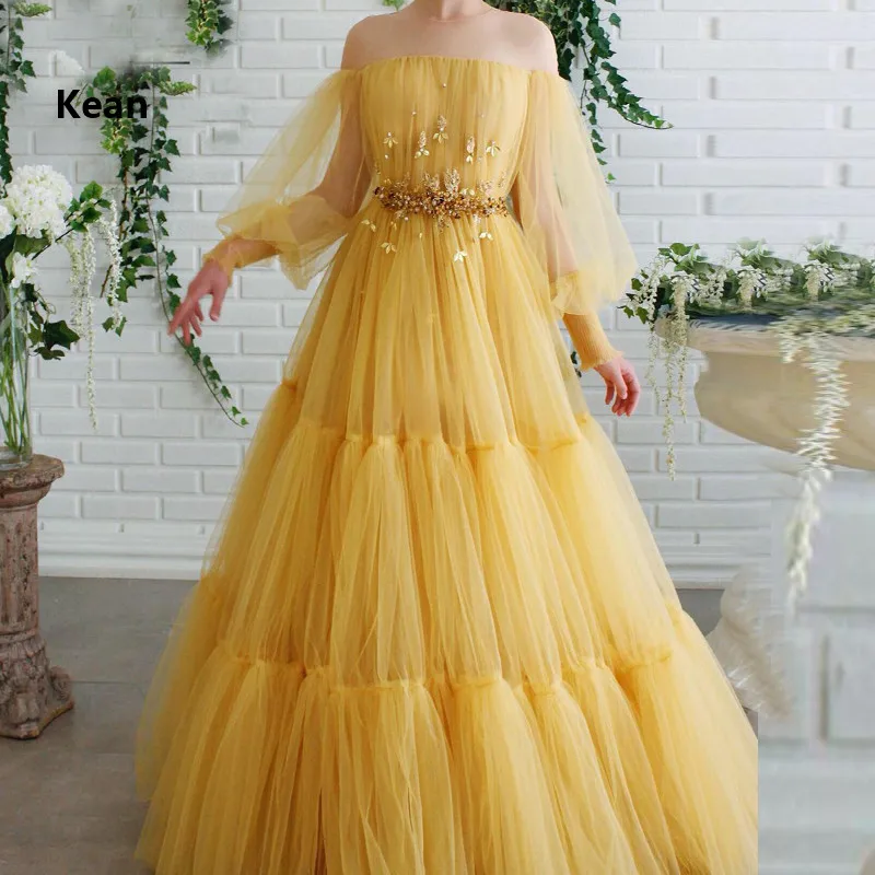 

Yellow Off Shoulder Muslim Evening Dress Tiered Beads Islamic Dubai Kaftan Saudi Arabic Evening Gown Boho Prom Dress Custom Made
