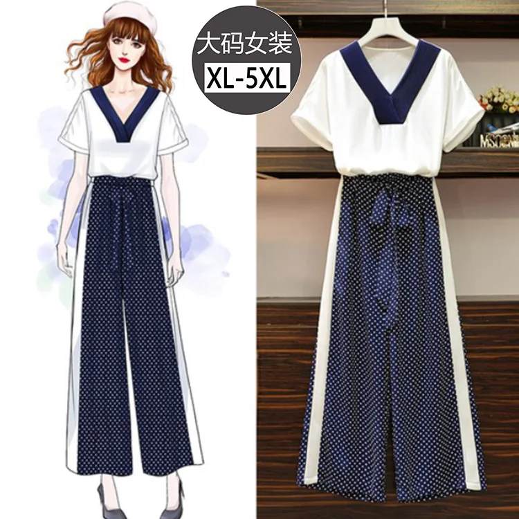 

Large Size Dress V-neck Short Sleeve Loose-Fit Contrast Color T Tops Casual Polka Dot Loose Pants Two-Piece Set Fat Mm Plus-size