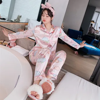 

Silk Pajamas set for Women Pyjama Femme Satin Night wear Lady Clouds Print long sleeved top and pants Women's Homewear Suit