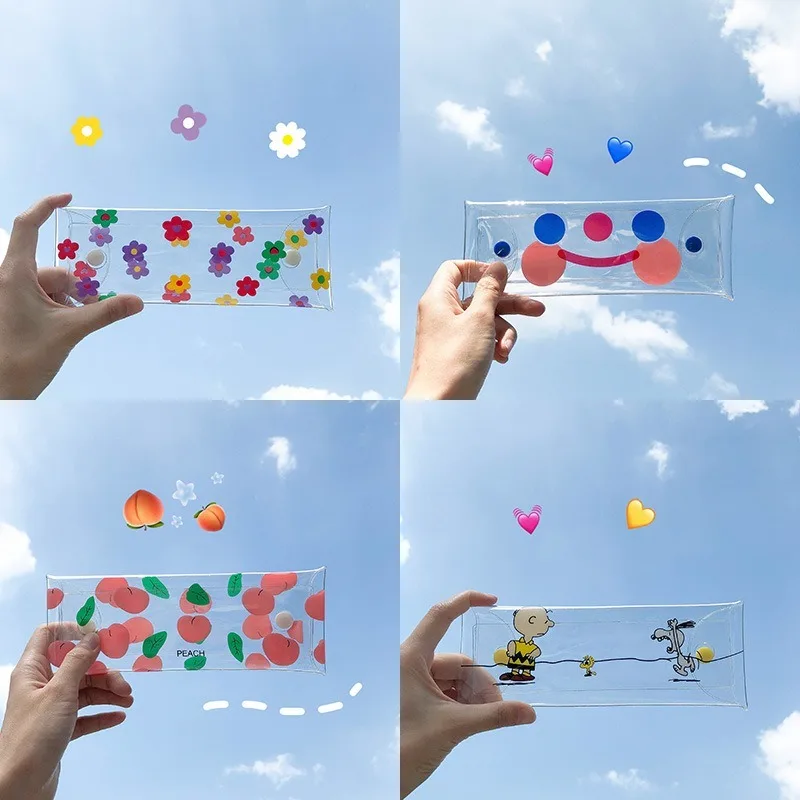 

Cute Pencil Pouch Transparent Elegant Flower Pen Case Ins Cloud Smiley Pen Case Fresh Stationery Storage Box School Supplies
