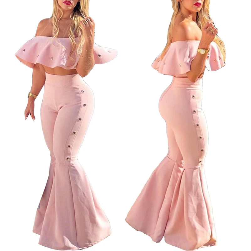 Женский сексуальный комплект из двух предметов с рюшами, топ и штаны, укороченный топ с открытыми плечами, элегантный розовый комплект из 2 предметов, комплект с расклешенными брюками - Цвет: Розовый
