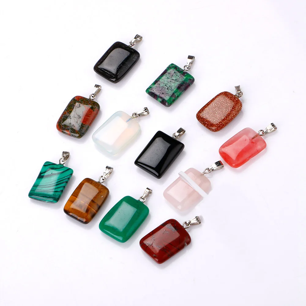 Natural Stone Rectangle Opal Tiger's Eye Howlite Pink Quartz Crystal Chakra Reiki Healing Pendulum Necklace