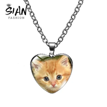 A Cat Heart Pendant Necklace For Women with a picture of a kitten, perfect for cat lovers.