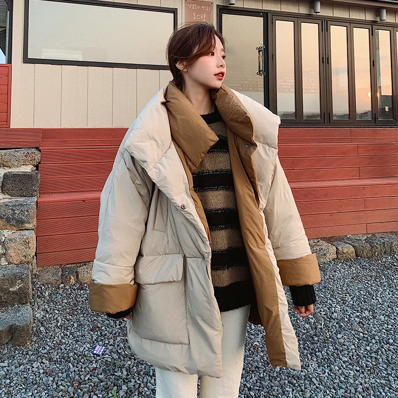 

Korean-style Fake Two-Piece Double Layer Fold-down Collar Cotton Overcoat Women's Fashion Warm Loose-Fit Mid-length Drop-shoulde