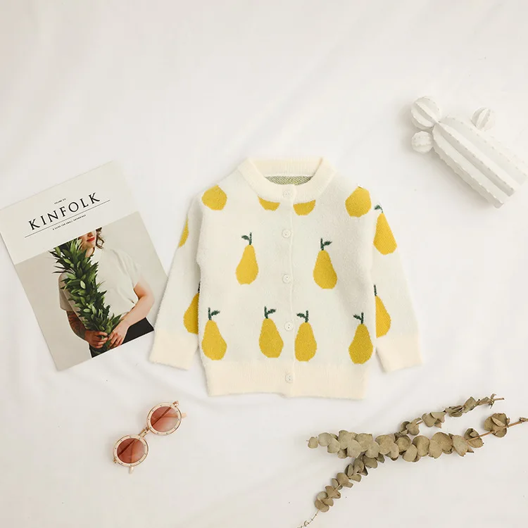 

Ymkids Autumn And Winter New Style Girls Childrenswear Fruit Pear Cardigan Sweater Female Baby Crew Neck Knitted Versatile Coat