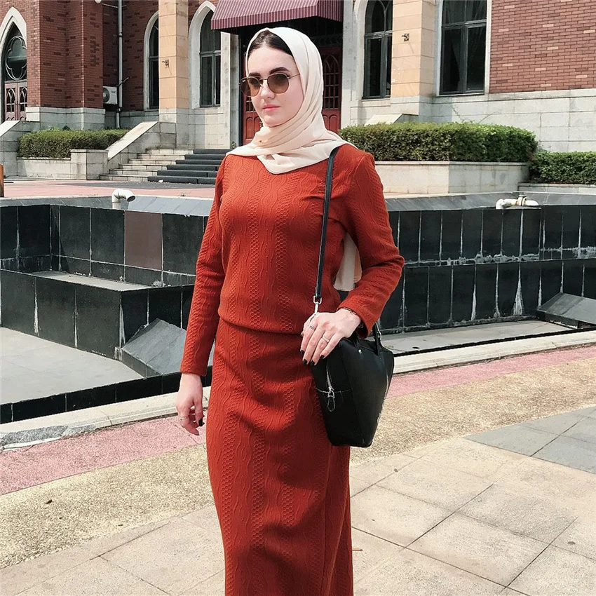 Модное женское платье из двух частей, мусульманский Топ с длинным рукавом, макси Облегающие юбки, турецкие Abayas, Дубай, кафтан, арабский осенний костюм, платье