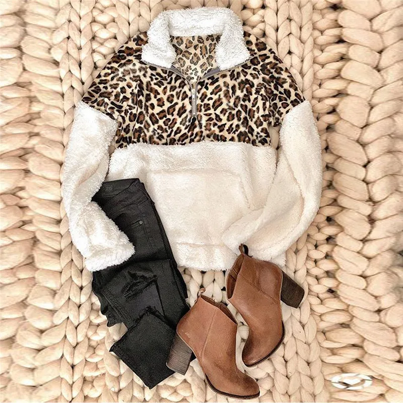 Зимняя флисовая толстовка, модный Леопардовый пэтчворк пушистый толстый свитер, теплый пуловер на молнии, Женское зимнее пальто, топы из шерпы