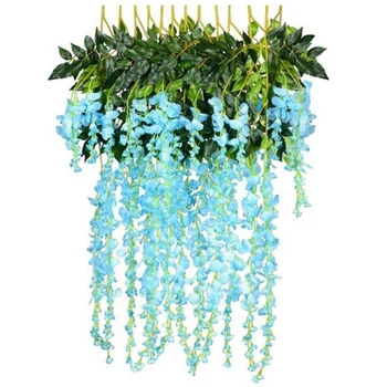 

12 Pcs Pack Artificial Fake Wisteria Vine Ratta Hanging Garland Silk Flowers String Home Party Wedding Decor Blue