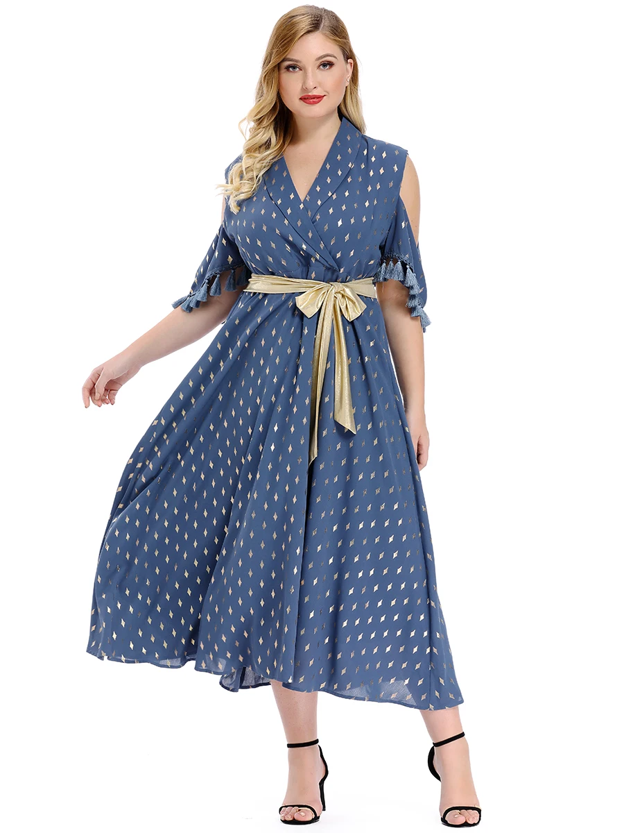 Vestidos, летнее платье в стиле бохо, пляжное платье, Модное детское летнее платье трапециевидной формы в горошек с коротким рукавом и v-образным вырезом - Цвет: Синий