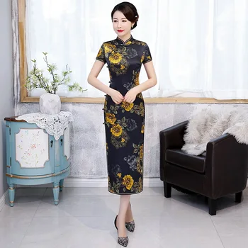 

Blue Print Flower Cheongsam Women Qipao Silk Elegant High Split Evening Party Dress Mandarin Collar Oversize 3XL Vestidos