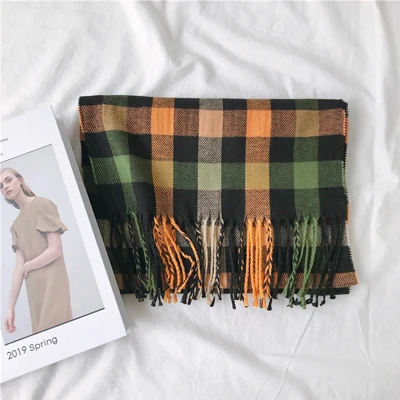 green orange plaid Luna& Dolphin женские шерстяные шарфы 190x30 см английский стиль плед палантин красный зеленый шерсть мягкая кисточка пашмины шотландский теплый шарф - Цвет: green orange plaid
