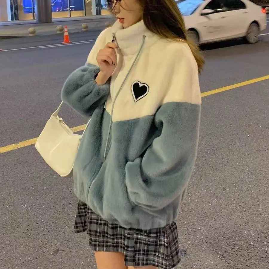 2021 Autumn and Winter New Imitation Mink Girl Stitching Contrast Color Berber Fleece Coat