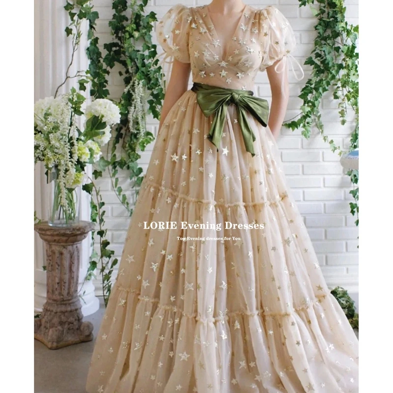 LORIE Champagner Süße Elegante Ballkleider V-ausschnitt Bogen Bund Stern Pailletten Tüll A-Linie Frauen Homecoming Party Kleid Angepasst – Detail 6