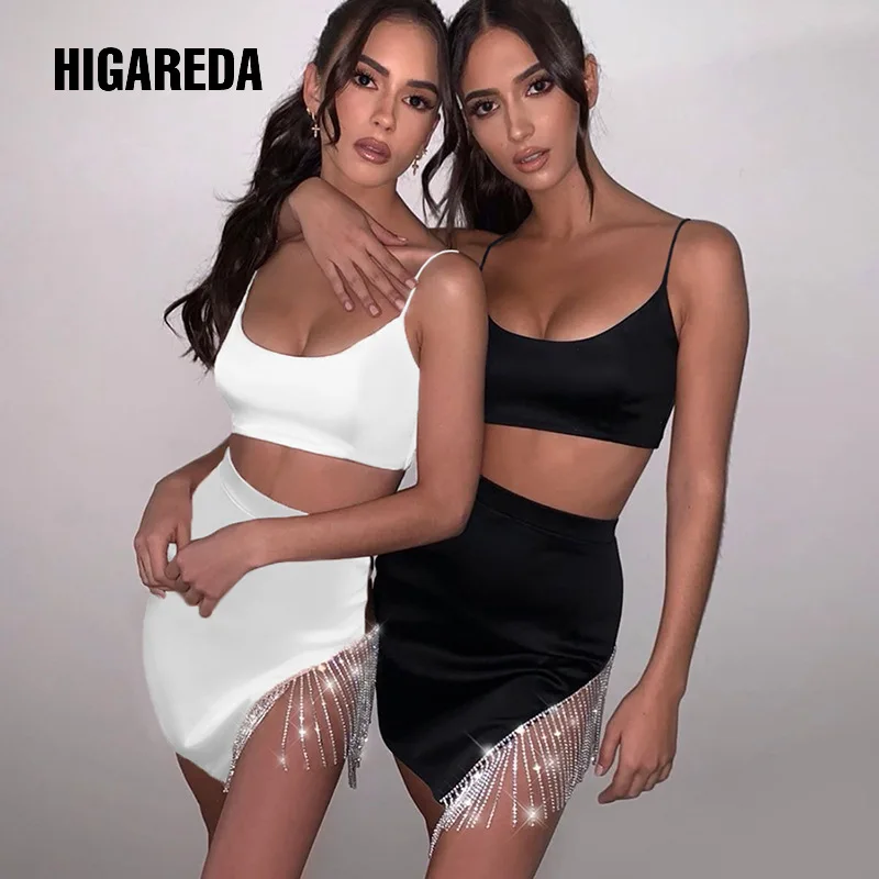 

women sexy elegant sets two pieces camisole and chains tassel bodycon package hip skirts party night club 2020 new