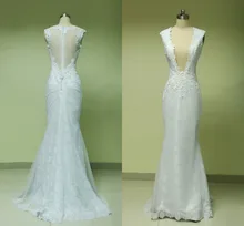

2020 New Arrival Real Sample Wedding Dress Mermaid Deep V-neck Sexy Bridal Gown Appliques Lace vestido de noiva wedding dresses