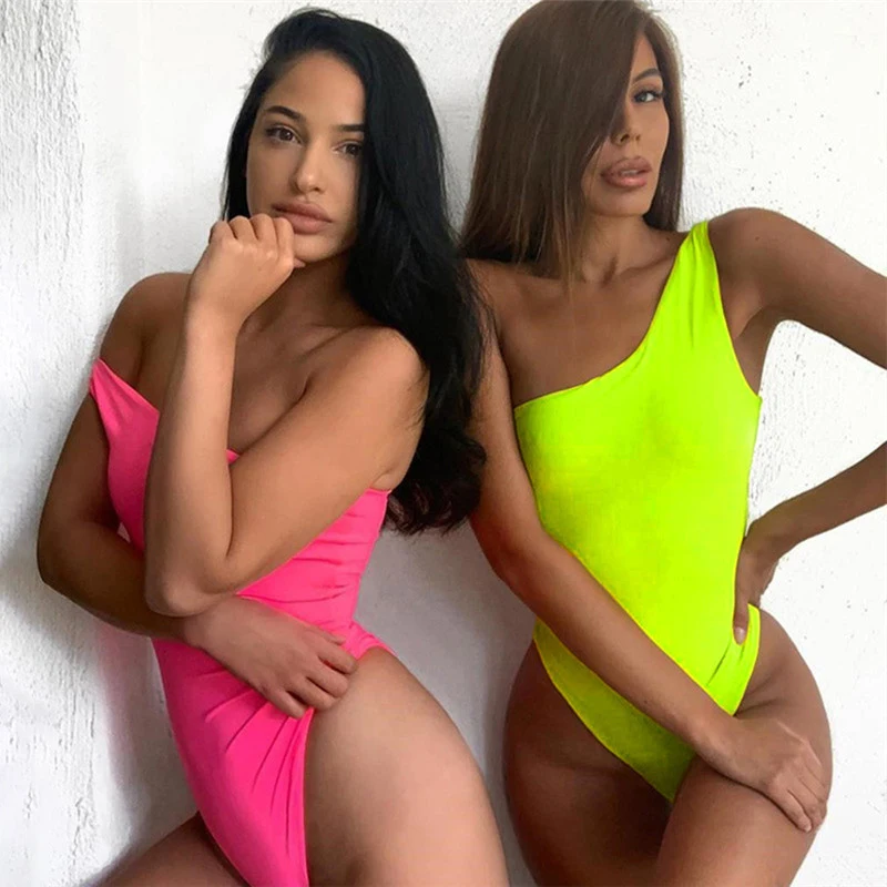 

One Shoulder Sexy Neon Swimwear Cut Out High Waist Women Tight One Piece Swimsuit Summer Female Monokini Holiday Clubwear 2019
