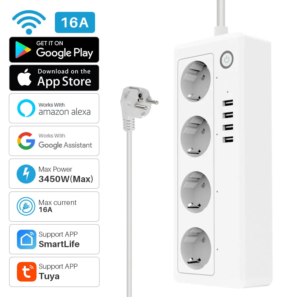 Умный удлинитель Tuya Wi-Fi 4 розетки европейского стандарта порта USB голосовое