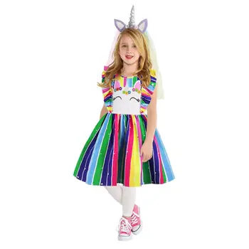

Fashion brand girls unicorn costume 3D personalized rainbow dress princess dress children Halloween costume carnival costume