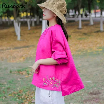 

Runback Women Shirt Embroidery Blouses 2020 Cotton Linen Vintage Large Size Casual Loose Long Sleeve Front Short Back Long Top