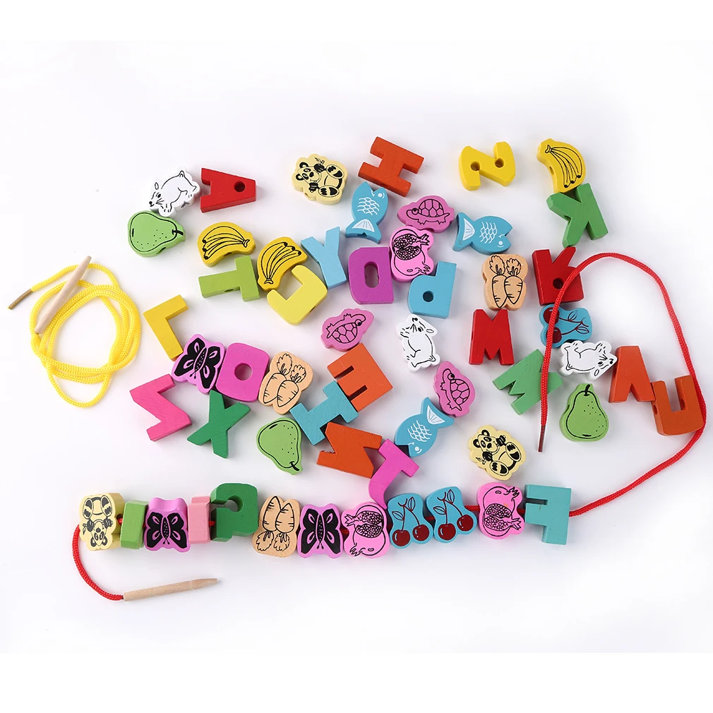 54pcs/lot Baby Wooden Lacing Beads Animals Blocks Heart-shape Stringing Threading Lace Beads Box Educational Preschool Learn Toy