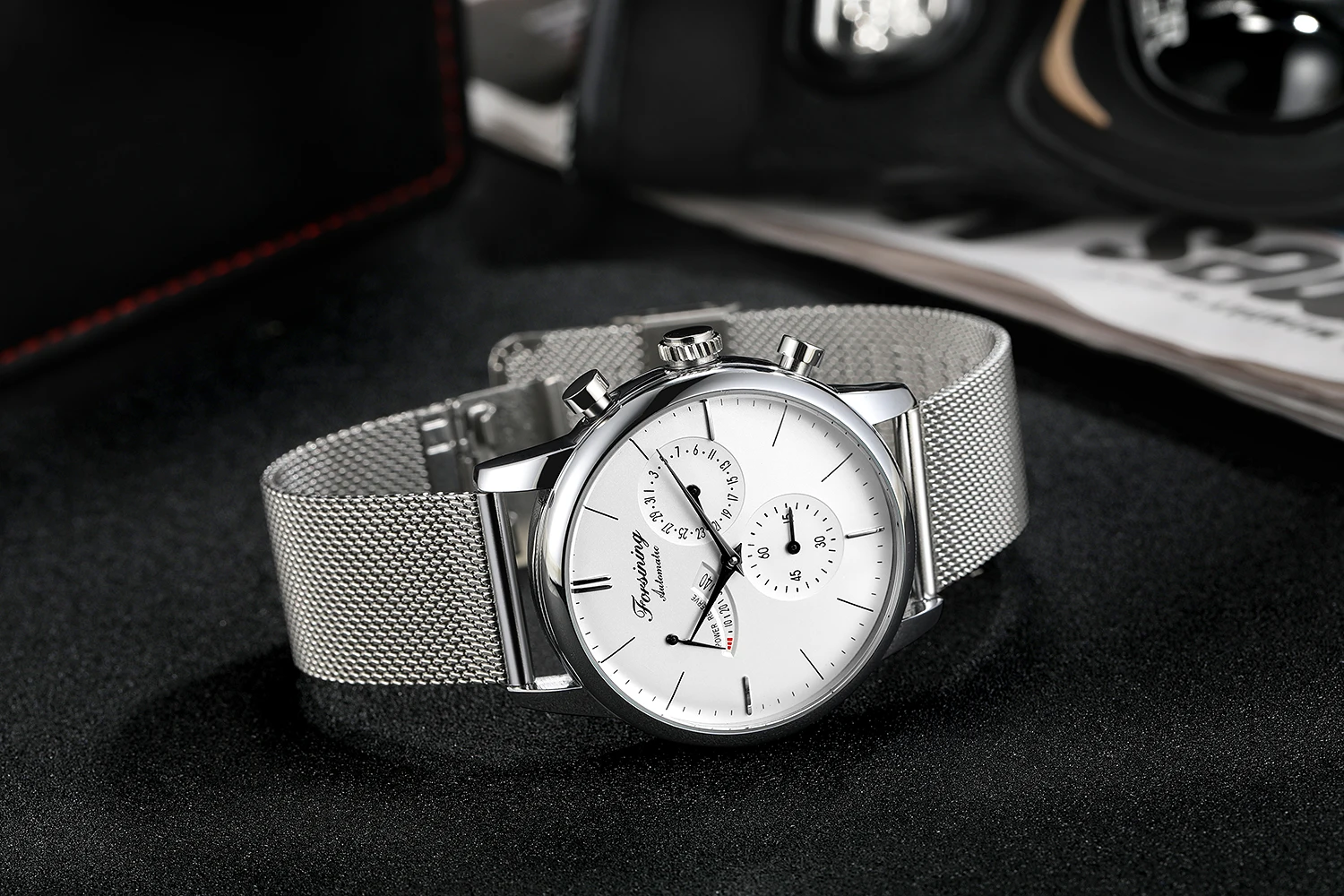 Forsining Power Reserve Design Automatic Mechanical Watch White Dial Mesh Belt Waterproof Luminous Hand Date Clock Box
