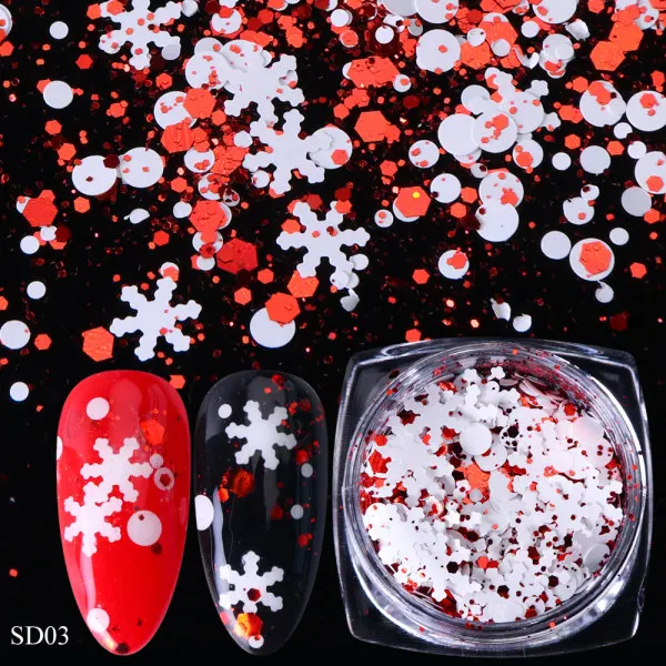 1 коробка новогодний дизайн ногтей украшения лазерные блестки смесь Снежинка шестигранник Рождество 3D хлопья блестка для ногтей SASD01-06 - Цвет: SD03