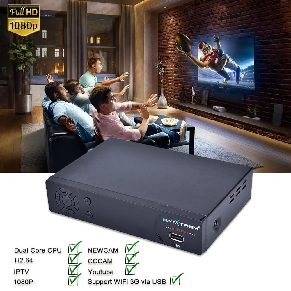 Satxtrem IP-S2 Plus спутниковый ресивертв тюнер DVB-S2 Full HD 1080p with USB WiFi Cccam IPTV телевизорцифровая приставка