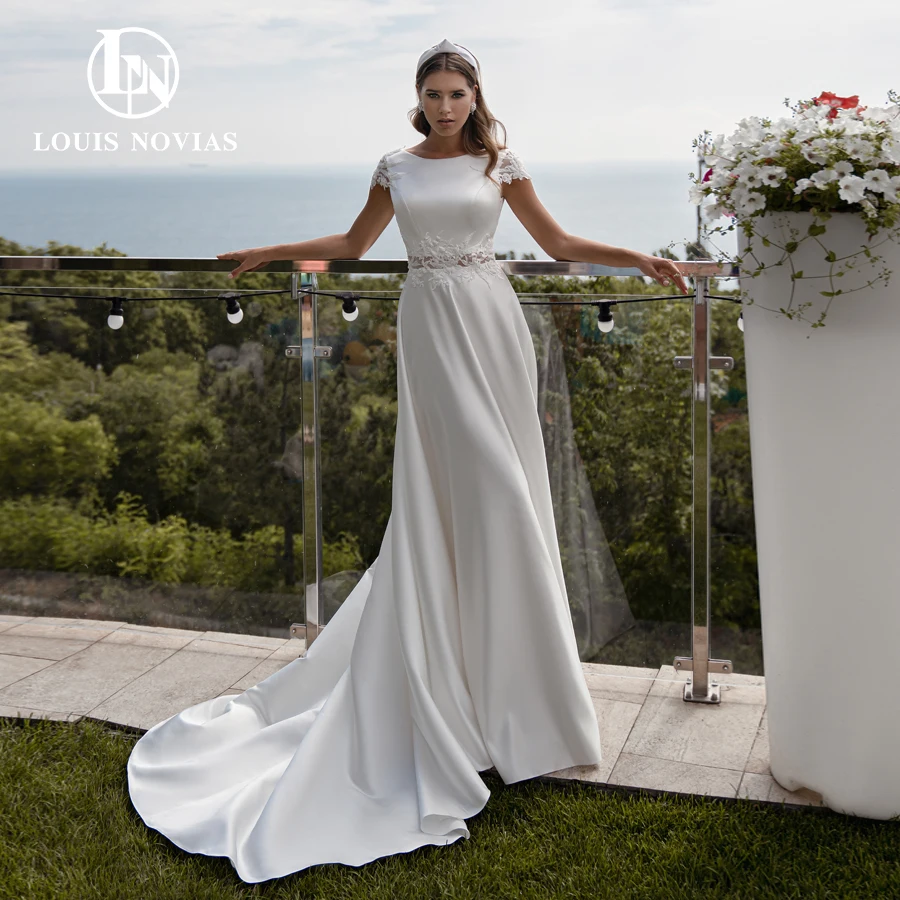 

LOUIS NOVIAS A-Line Wedding Dress Glamorous Backless Beaded Appliques Bride Short Sleeve Satin Scoop Bridal Gown