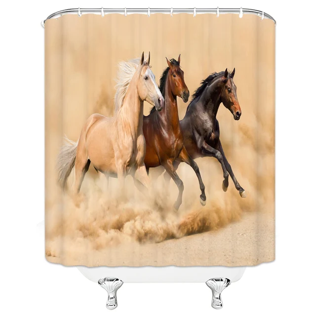 Black White Horse Shower Curtains Strong Animal Running on the Snow Bathroom Decor Home Bathtub Waterproof Polyester Curtain Set G4375