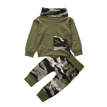 Комплект осенней одежды для новорожденных мальчиков; Камуфляжный комплект одежды из 2 предметов: зеленая водолазка с капюшоном и длинными рукавами и штаны