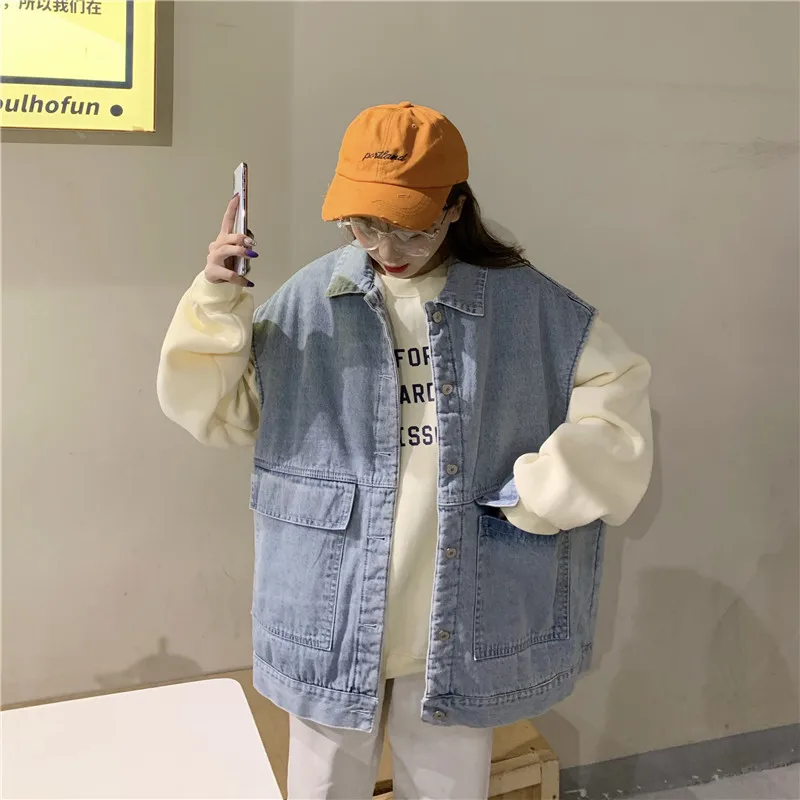 Зимний утолщенный джинсовый жилет для женщин Harajuku, без рукавов, с отворотом, теплая куртка для девушек, Корейский простой Свободный жилет с большими карманами для женщин