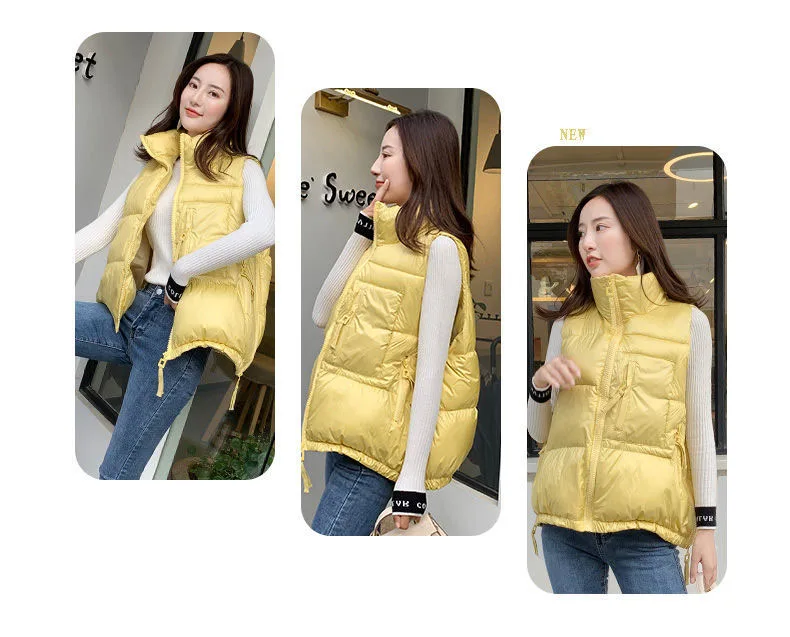 Winter Woman Down Cotton Short Vest Coat Yellow Stand Colloar Sleeveless Jacket Large size Waistcoat Korean Style Gilet Femme petite long puffer coat