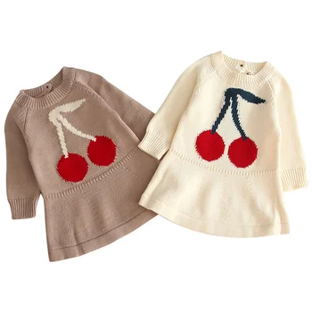 

Baby girl clothes big cherry warm sweater baby girl dress autumn and winter knitted sweater plaid dress cute doll
