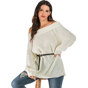 

Off Shoulder Sexy Sweater Women Long Sleeve Slash Neck White Loose Knitted Women Pullover Sweater 2019 Autumn Long Ladies Jumper