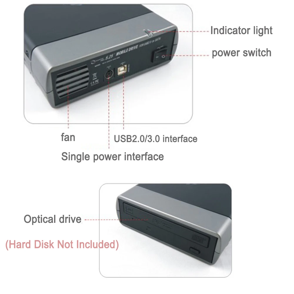 CD DVD Drive 5.25 inch Optical Drive Enclosure USB3.0/2.0 to SATA US/EU Adapter Hard Disk Case Support DVD 16 Speed Recording