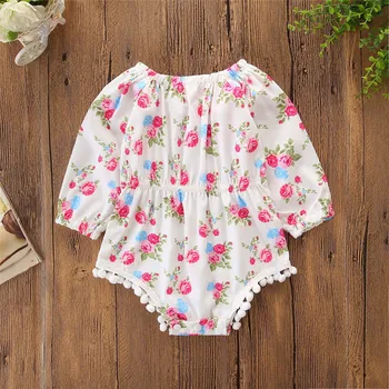 

2020 Autumn Girls Jumpsuit Baby Rose Print Khaki Thin Section Long-sleeved Baby Short Climbing Suit Baby Girl Clothes Bodysuit