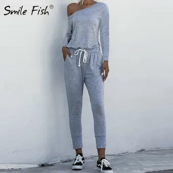 

Summer Long Sleeve Jumpsuits 2020 Women Sashes Jumpsuits One Shoulder Casual Jumpers Pockts Plus Size Solid Outwear GV568