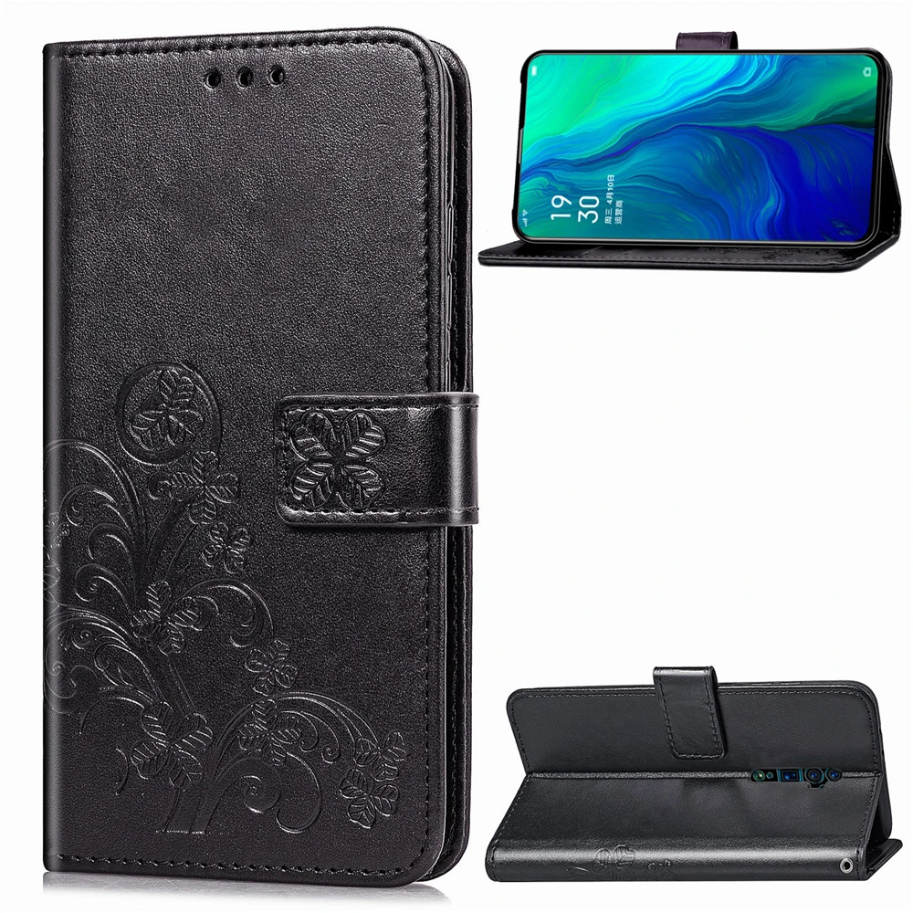 

For Oppo Reno 10x Zoom Four-Leaf Clovers Leather Wallet Flip Stand Cover with Card Slots and Hand Strap Oppo Reno 10x Zoom Case