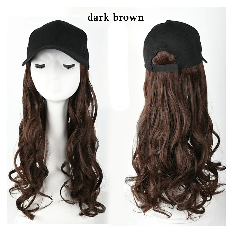 Шляпа парик длинные вьющиеся волосы большая волна парик шляпа Женская Бейсболка парик один с черной шляпой - Цвет: 447-dark-brown