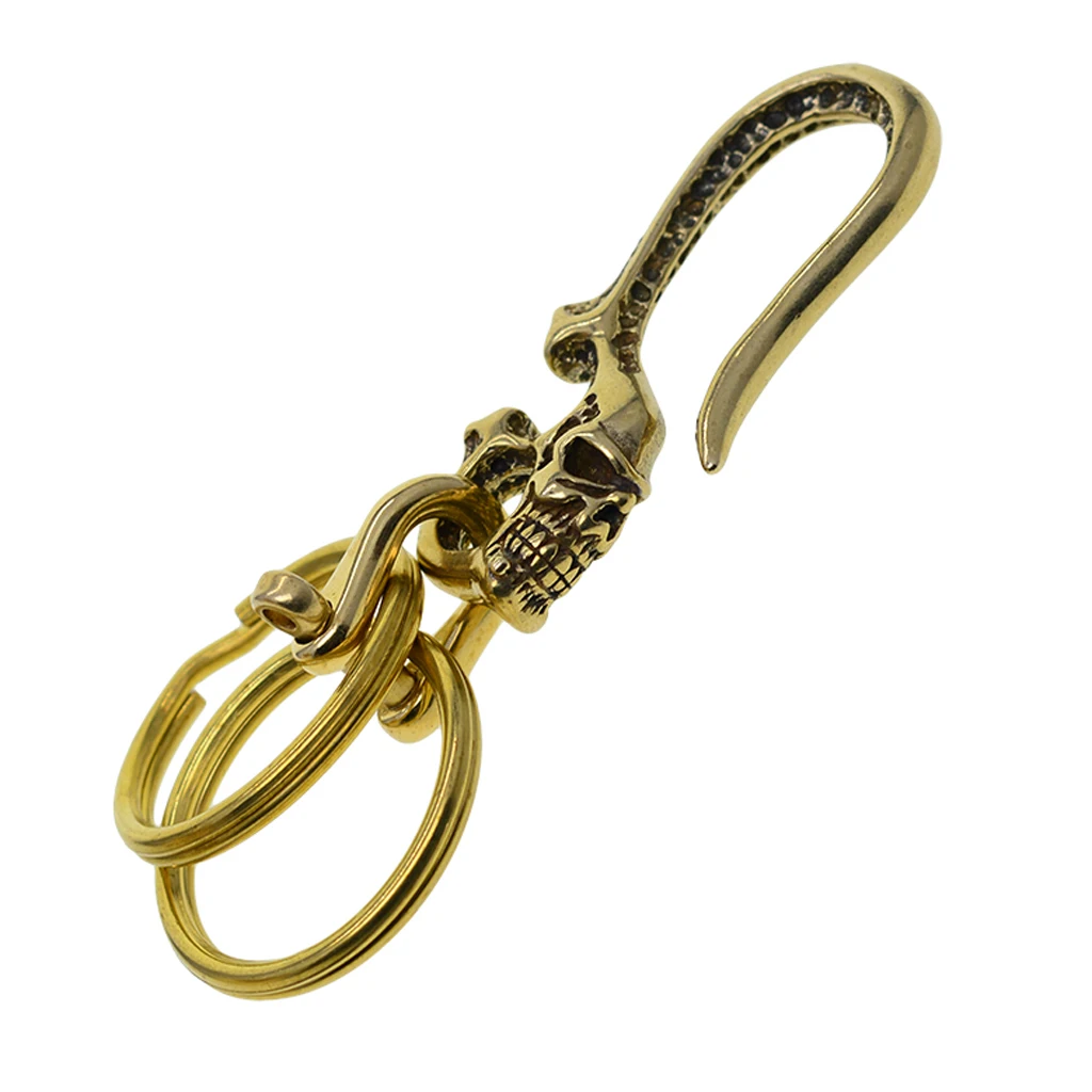 Solid Brass U Hook Key Loop Pocket Clip with Ring, Skull  Belt Keyring U Hook FOB Clip Biker, Fish Hook Keychain for Men Women