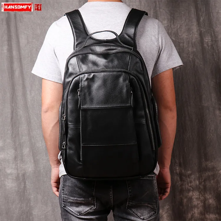 Best Price New leather men's backpack soft black leather large capacity business casual youth laptop backpacks men fashion school bags