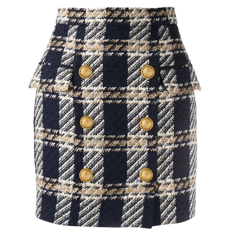 

HIGH STREET Newest 2022 Designer Skirts Women's Lion Buttons Plaid Wool Tweed Mini Skirt