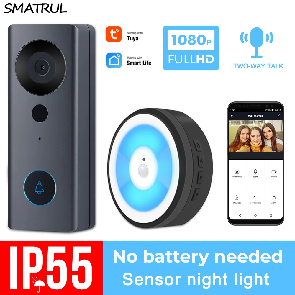Дверной Видеозвонок SMATRUL Tuya 1080P HD Wi-Fi беспроводной уличный дверной звонок для дома