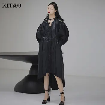 

XITAO Drawstring Black Trench Women Irregular Pleated 2020 Spring Full Sleeve Small Fresh Casual Style Loose Coat Top DMY4083