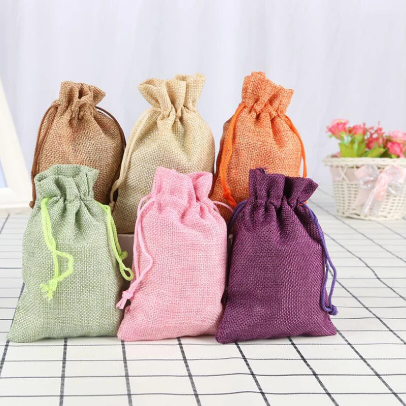 10PCS/Set 7x9cm Drawstring Bags Burlap Packing Pouches Paper Price Tags And Hemp Cord Twine String For Jewelry Display