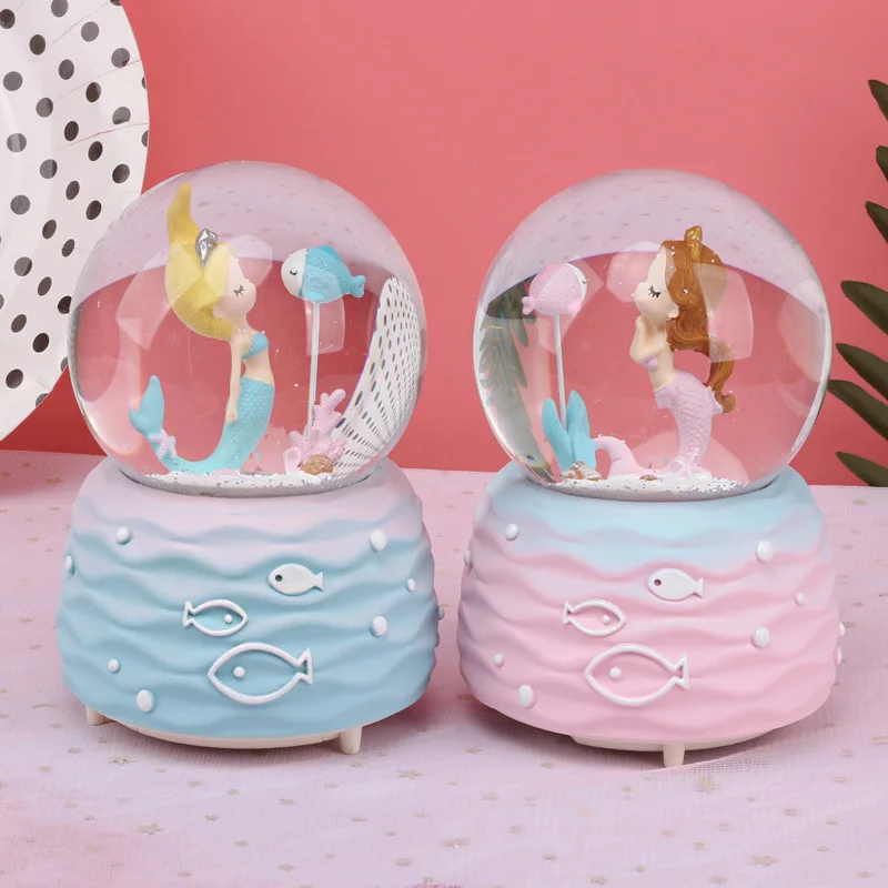 

Creative Cartoon Mermaid Snow Globe Crystal Ball Rotating Music Box Christmas Decoration For Home Home Decoration Accssories
