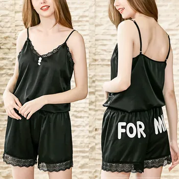

Women Sleepwear Sexy Lingerie Women Summer Sleepwear Sleeveless Letter Nightwear Satin Lingerie Set Underwear пижама